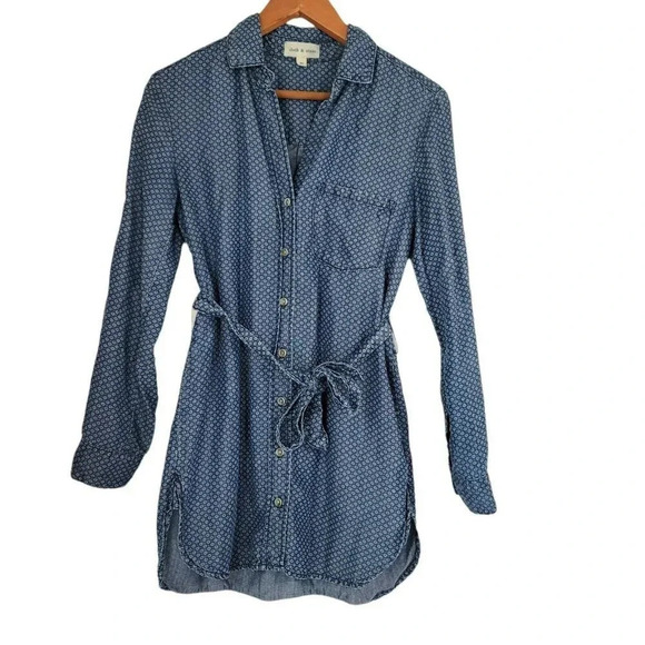 Cloth and Stone size xs Chambray Denim Printed Belted button down Tunic Top - Picture 1 of 10
